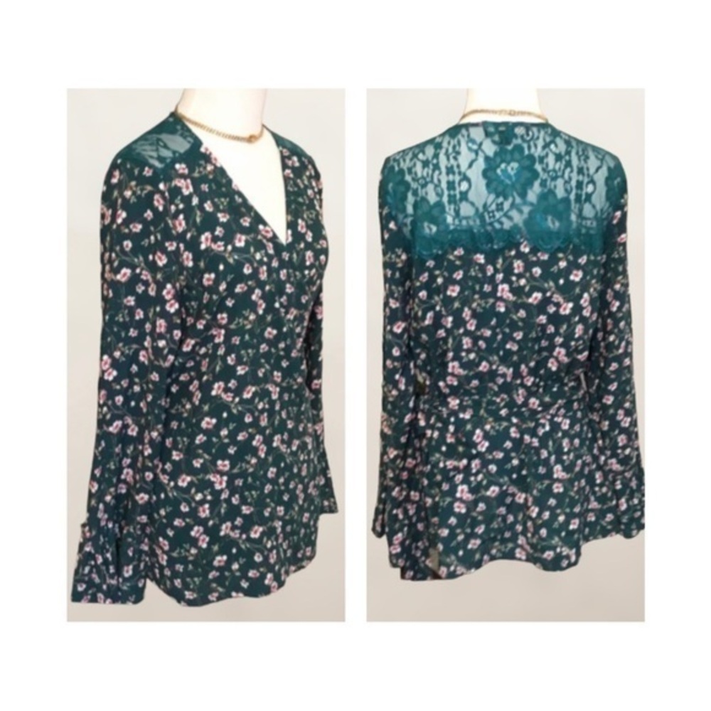 Suzanne Betro Green Floral Wrap Long Sleeve Blouse M